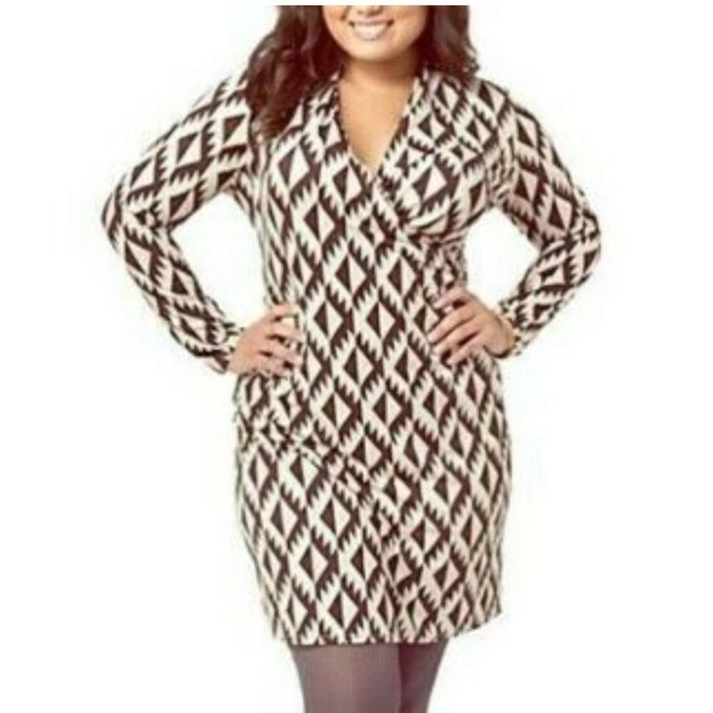 J Jill Wearever Sierra Faux Wrap Dress Aztec Ikat Brown White Size Medium Petite